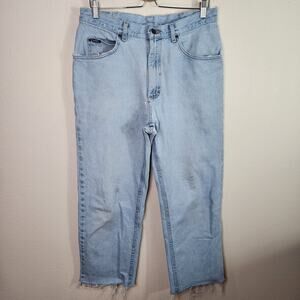 Vintage Lee USA Made Mens 34x27" Blue Distressed Bootcut Denim Jeans. Raw Hem